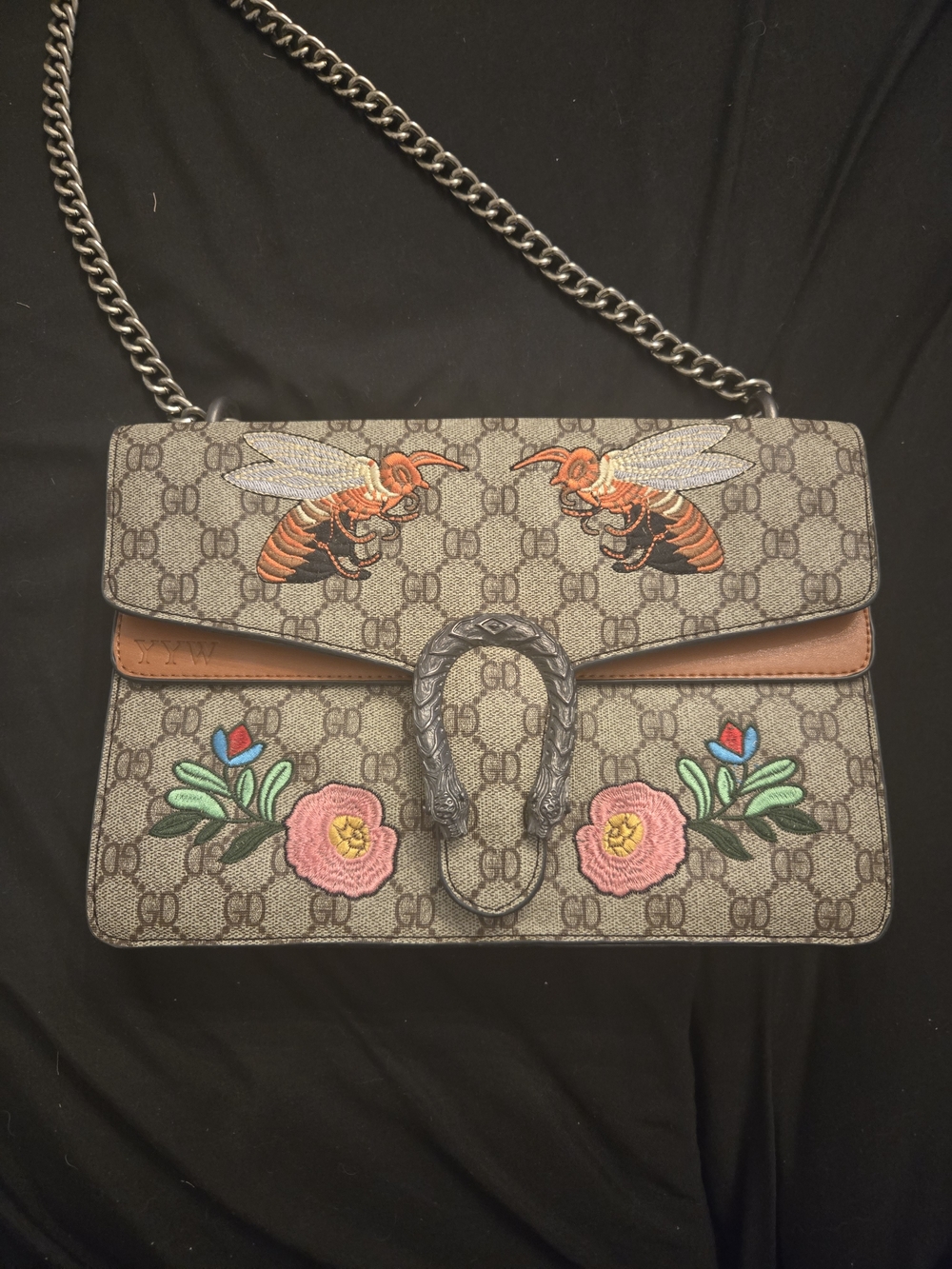 Source Unknown Beige/Grey Monogram Shoulder Bag with Floral & Bee Embroidery